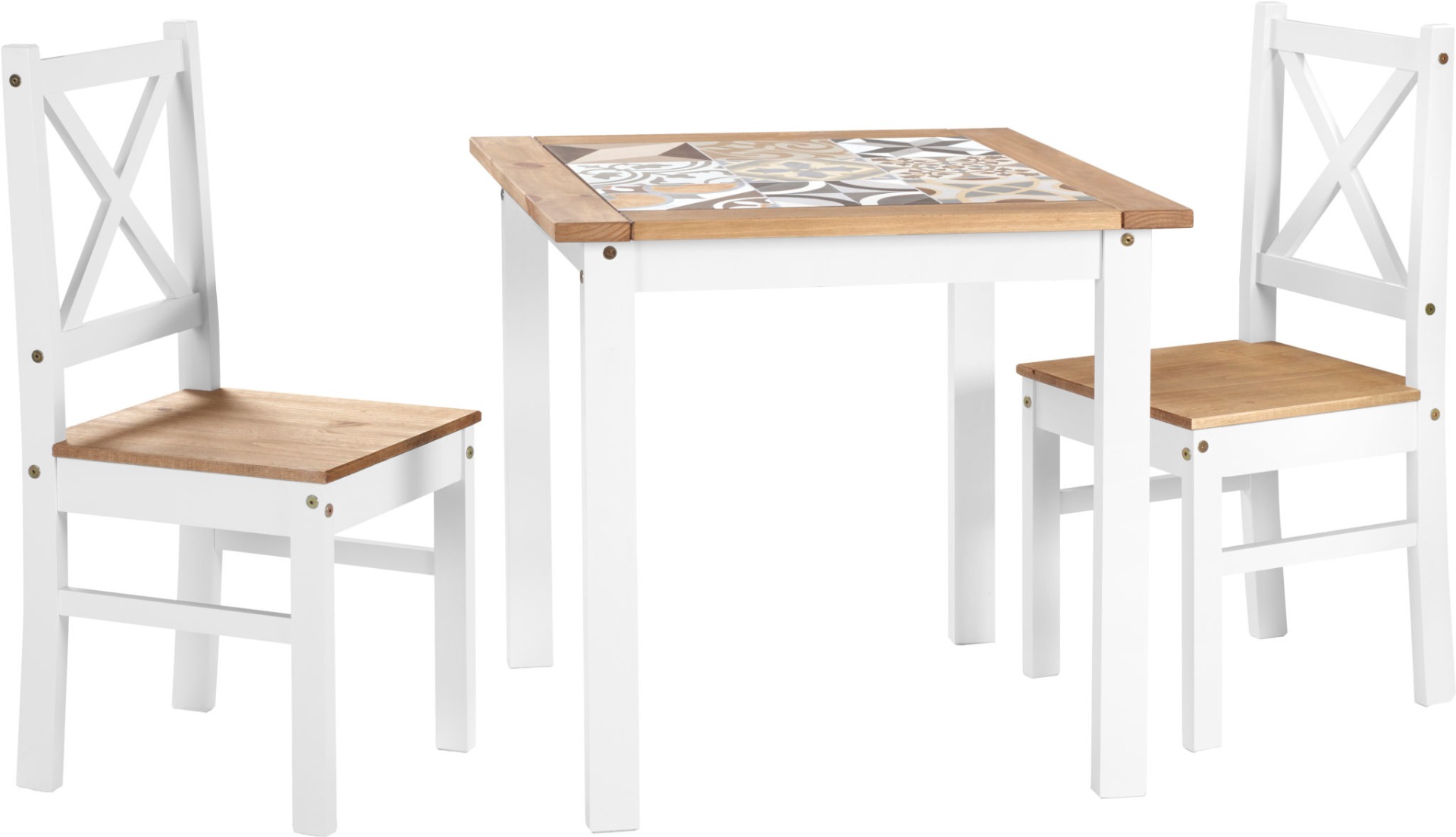 Salvador 1+2 Tile Top Dining Set - White Distressed Waxed Pine - Budget Deals