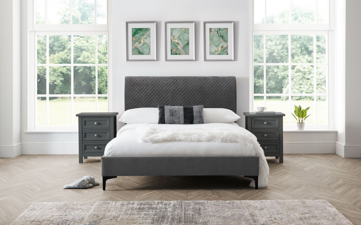 Sanderson Diamond Quilted Velvet Kingsize Bed - Grey - JB Collections