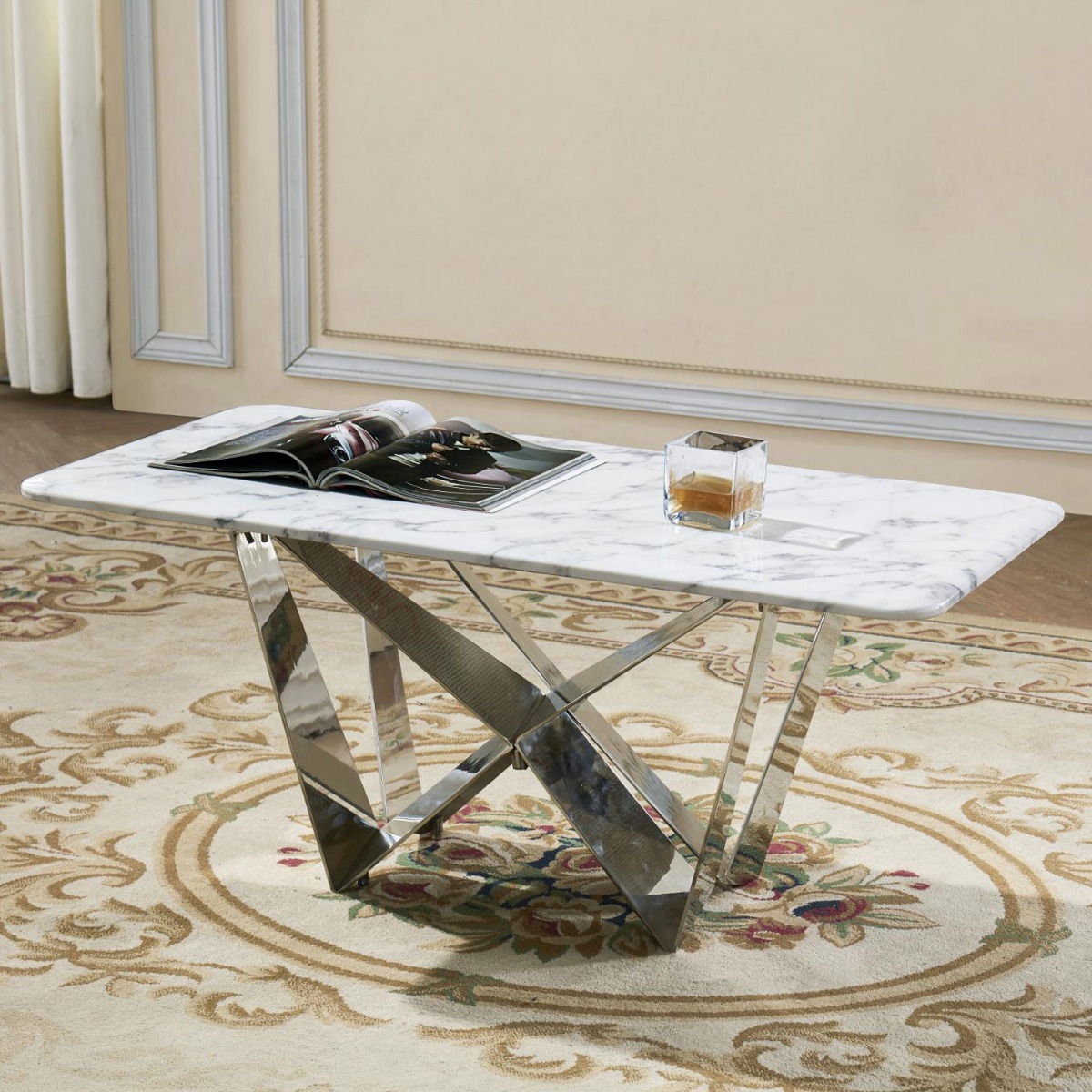 Maxfield Coffee Table with Stainless Steel Base - Marble Effect - Sigrid Mills