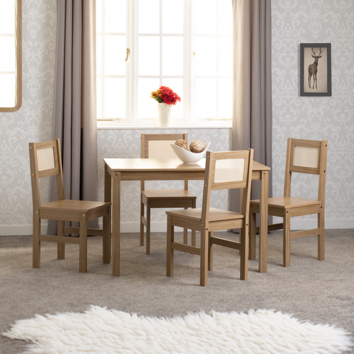 Santana 1+4 Dining Set - Light Oak Rattan Effect - Budget Deals