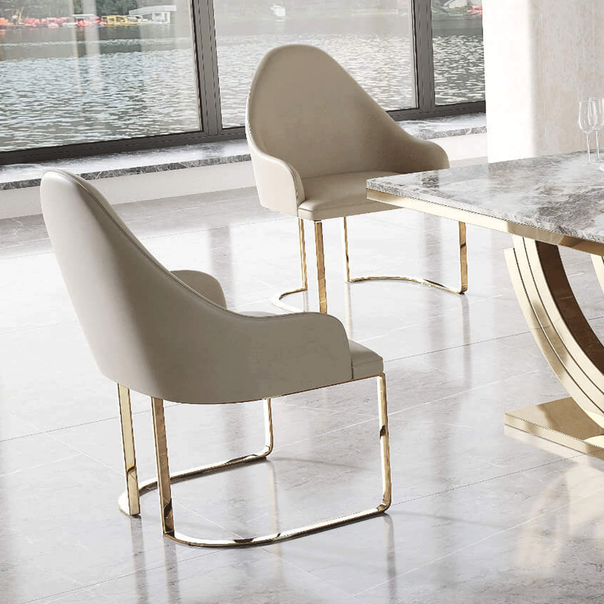 Eureka Set of 2 PU Dining Chairs Cream, Stainless Steel Legs Gold - Contemporary Elegance - Sigrid Mills