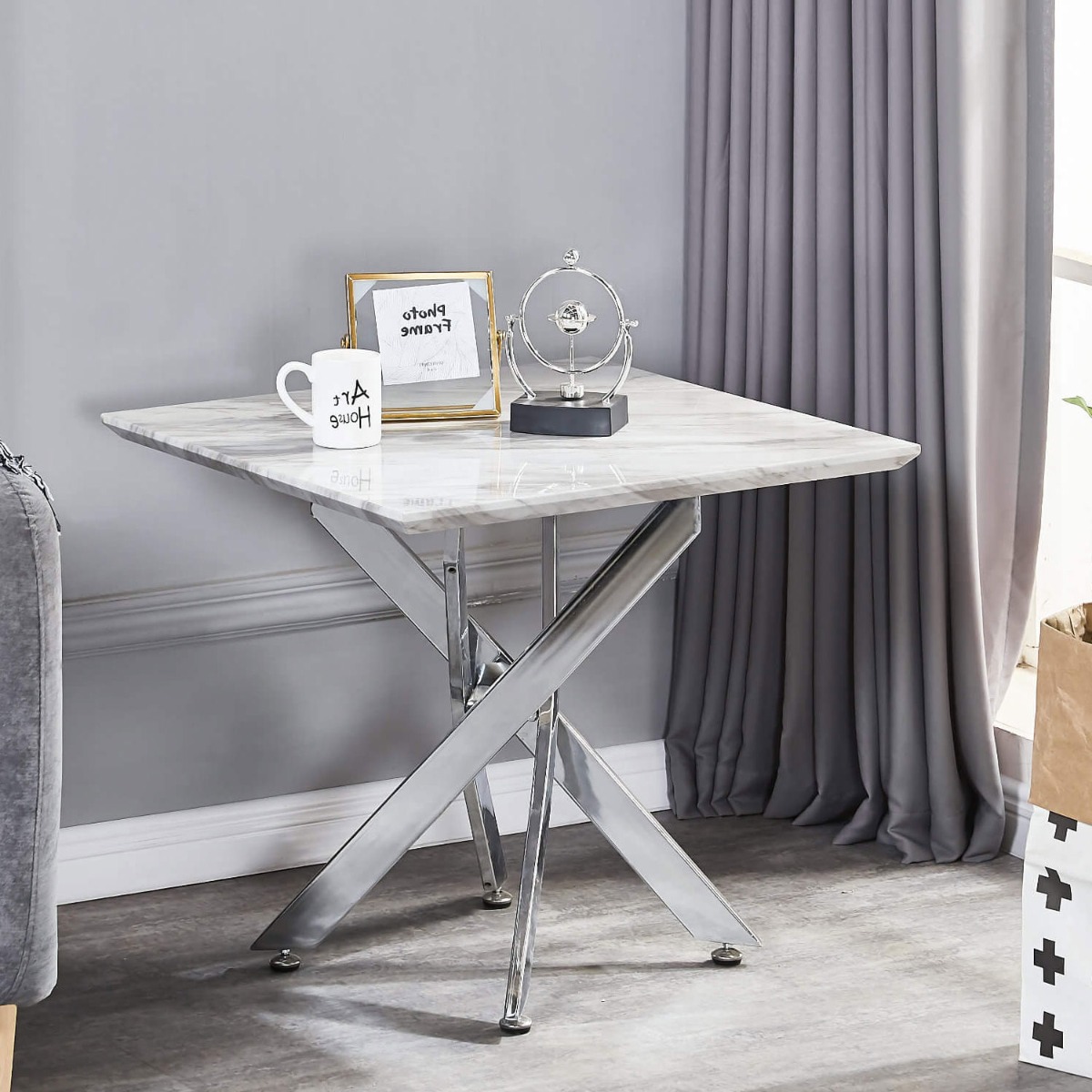 Vaxton Lamp Table with Silver Legs - Marble Effect - Sigrid Mills