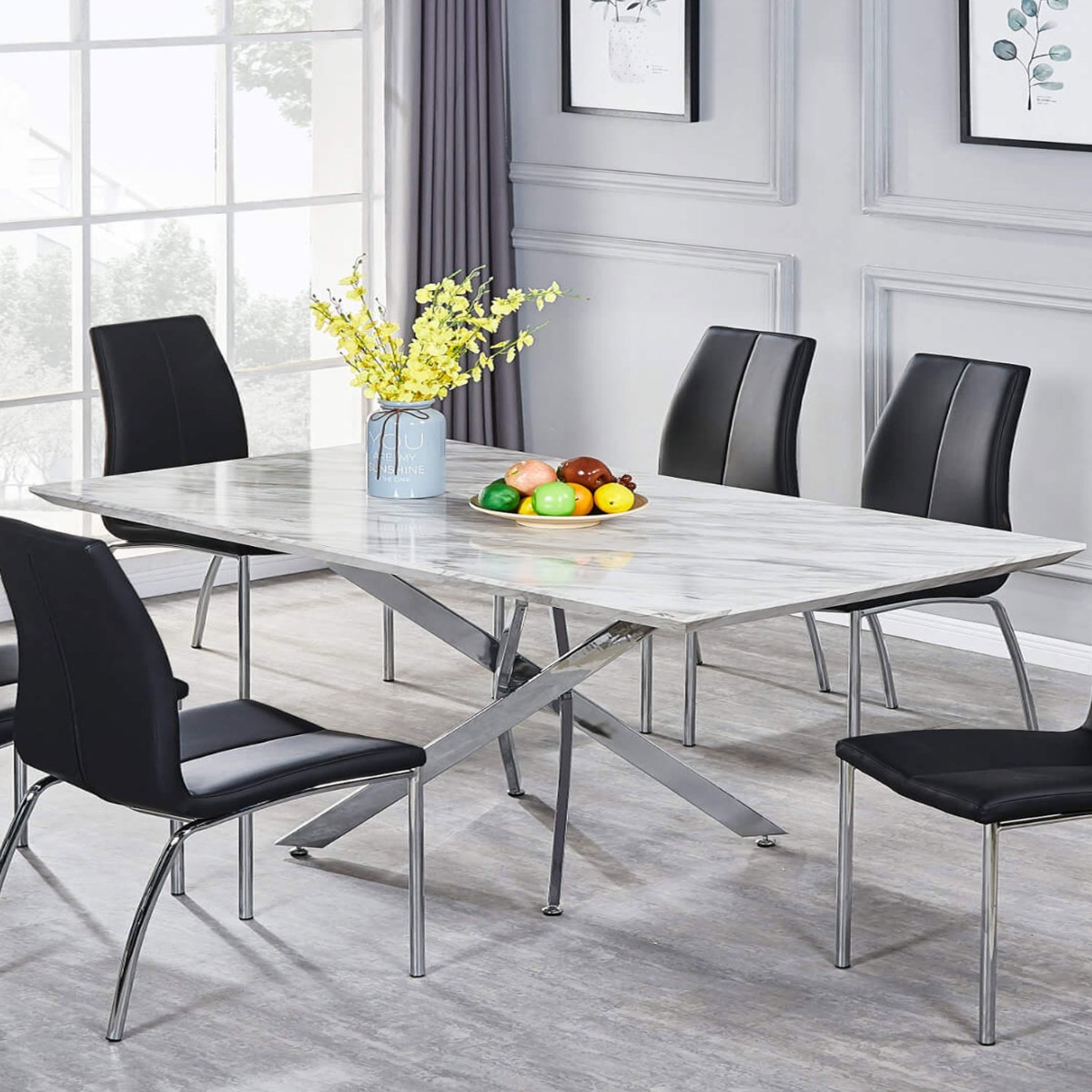 Vaxton Dining Table with Silver Legs - Marble Effect - Sigrid Mills
