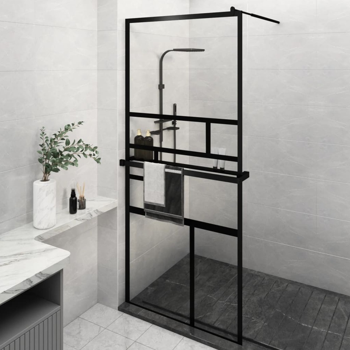Walk-in Shower Wall with Shelf Black 90x195cm ESG Glass and Aluminium - Decor Base