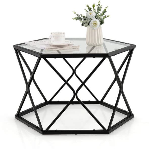 GLOWA Coffee Table - Hexagon Metal Frame Glass Top - Black - Bedroom & More