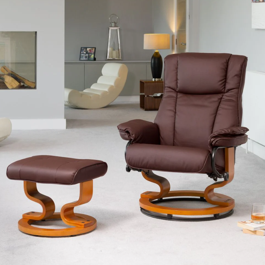 Armchair - MOBELUX Leather Swivel Recliner Chair with Stool Heated Massage - Burgundy - Archie Homes