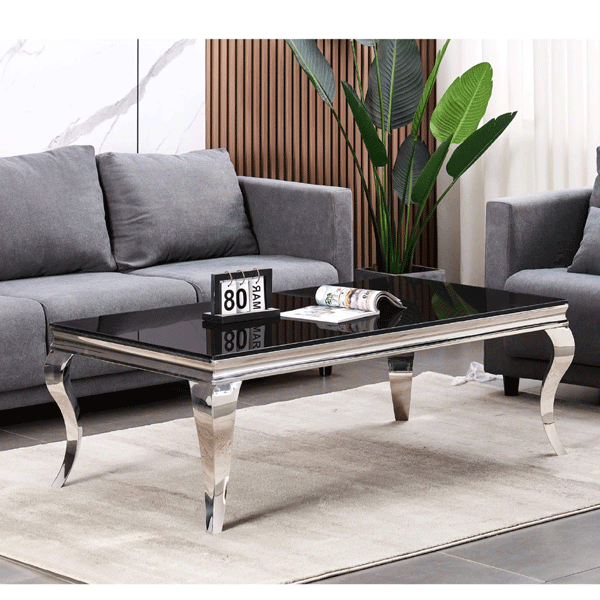 Brighton Stainless Steel Coffee Table with Black Glass Top in Silver Legs - Sigrid Mills