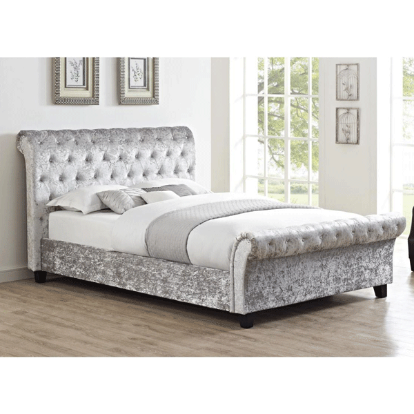Broxtowe Grey Crushed Velvet Double Bed with High Foot End - Sigrid Mills