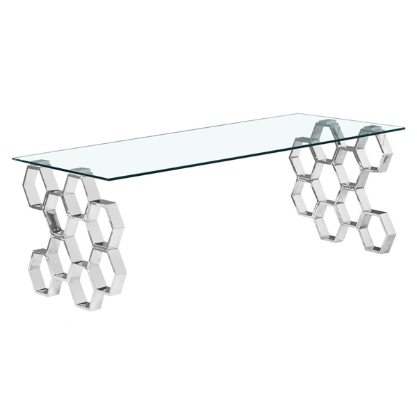 Calistoga Rectangular Stylish Silver Frame Coffee Table in Clear Glass Top - Sigrid Mills