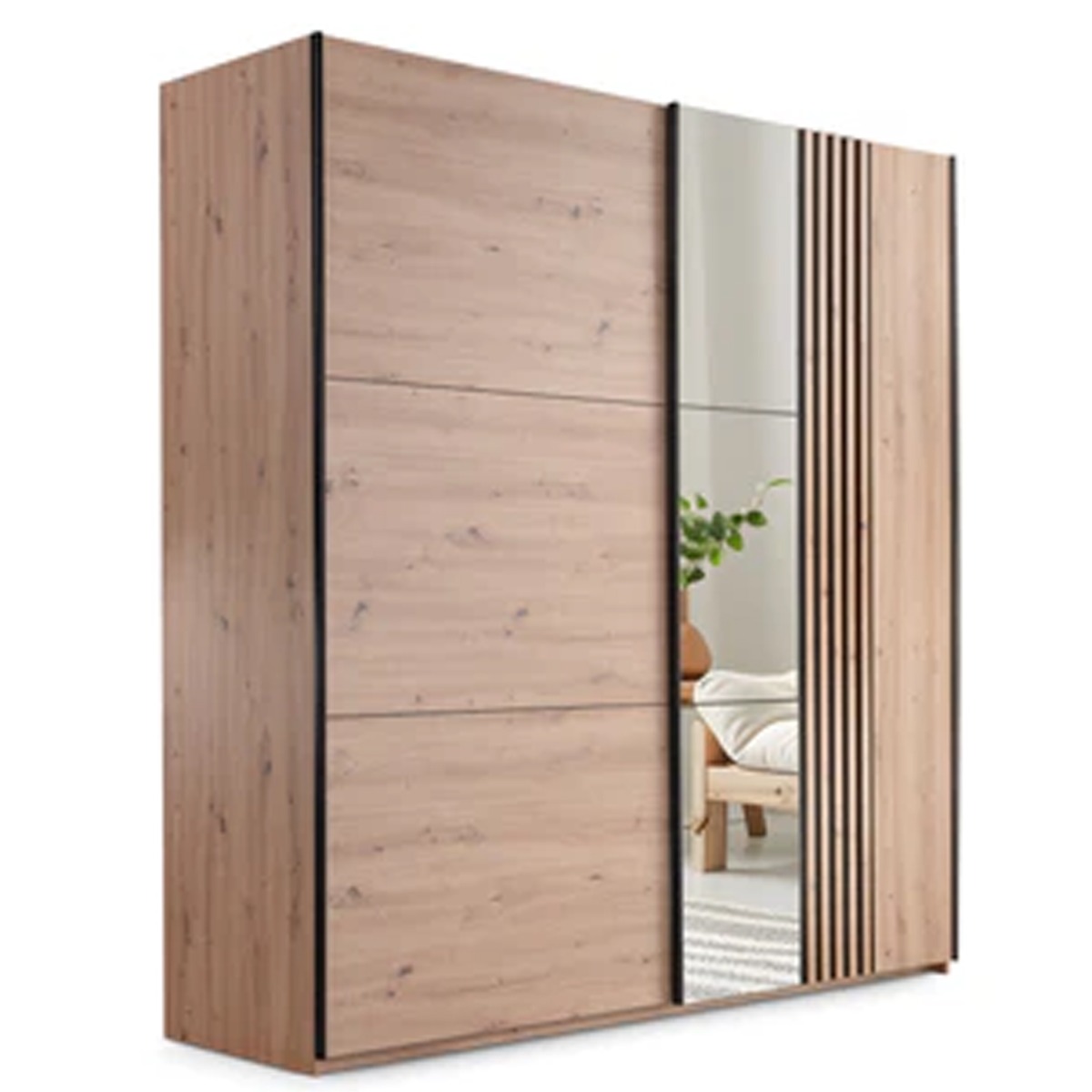 SENTRA 2 Door Mirrored Sliding Wardrobe Medium Oak - 200cm - Avellino & Wells