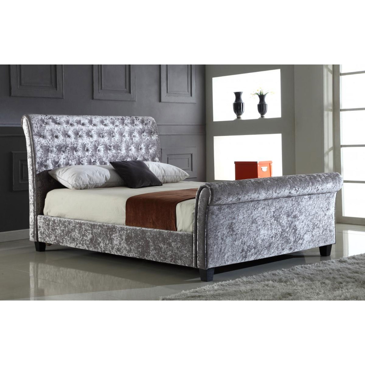 Alistair Aspen Crushed Velvet Double Bed - Silver - Sigrid Mills