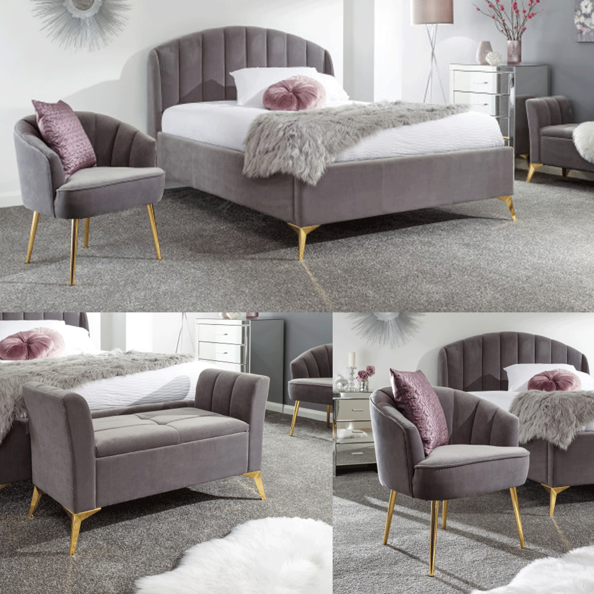 Congleton Bedroom Furniture Set Grey - 135cm Ottoman Bed, Ottoman Bench, Chair - Campbell Craft