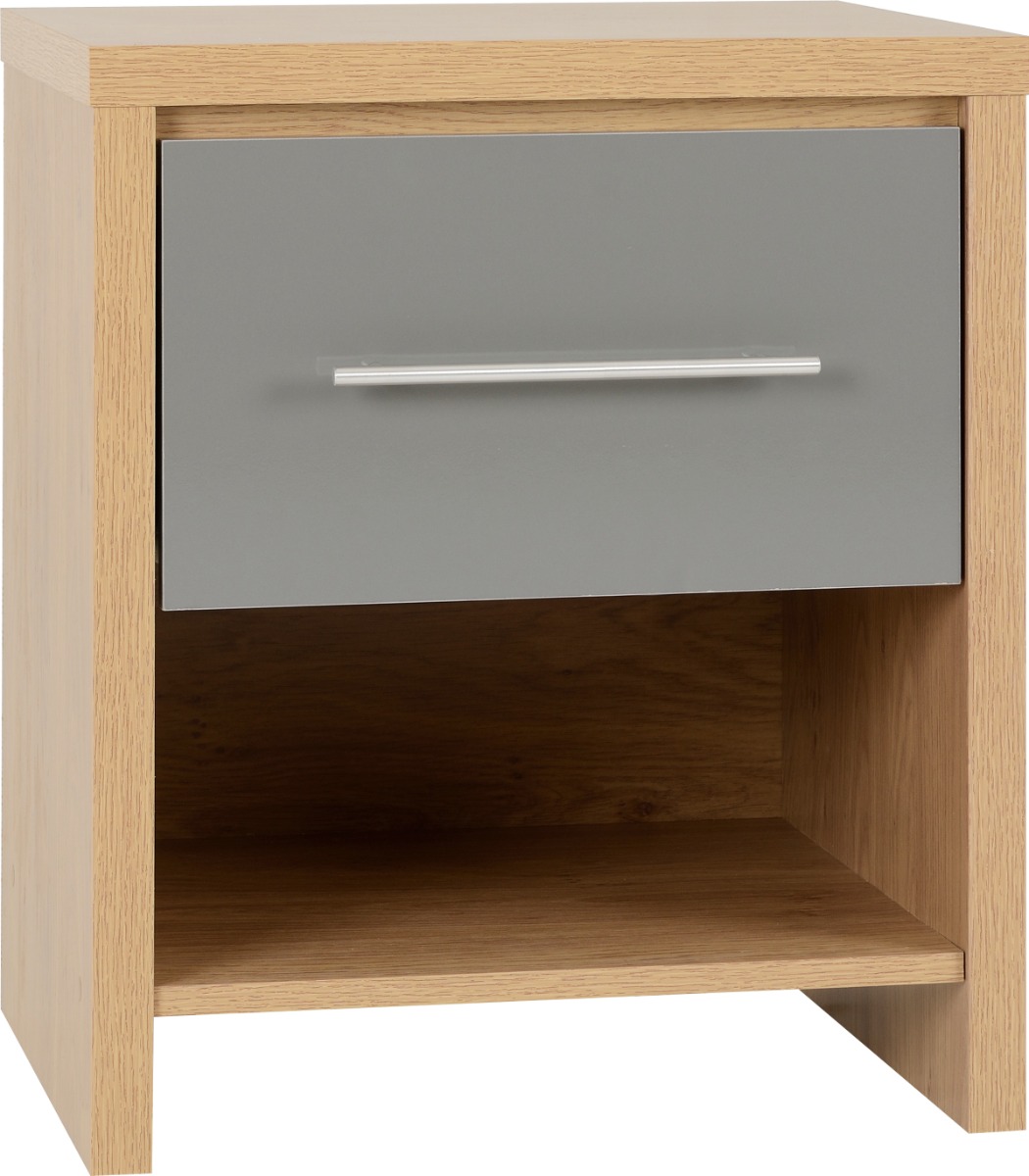 Seville 1 Drawer Bedside - Grey High Gloss Light Oak Effect Veneer - Budget Deals