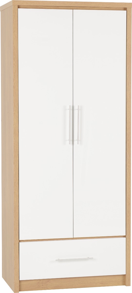 Wardrobe - SELSEY 2 Door 1 Drawer Wardrobe White High Gloss with Light Oak 76cm - Budget Deals