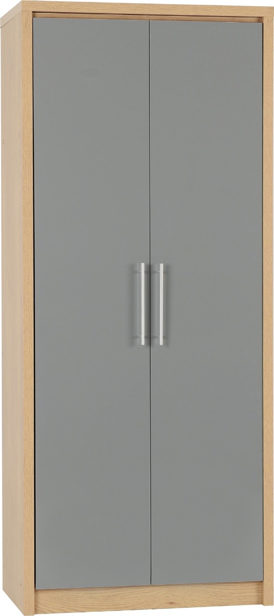 Wardrobe - SELSEY 2 Door Wardrobe Grey High Gloss with Light Oak 76cm - Budget Deals