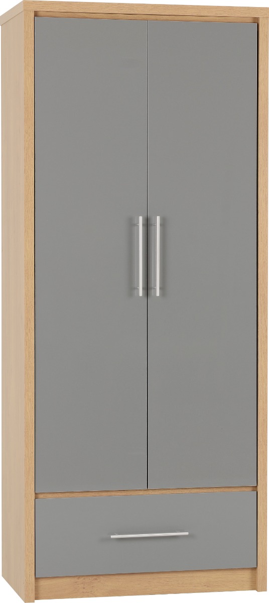 Wardrobe - SELSEY 2 Door 1 Drawer Wardrobe Grey High Gloss with Light Oak 76cm - Budget Deals