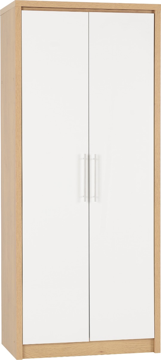 Wardrobe - SELSEY 2 Door Wardrobe White High Gloss with Light Oak 76cm - Budget Deals