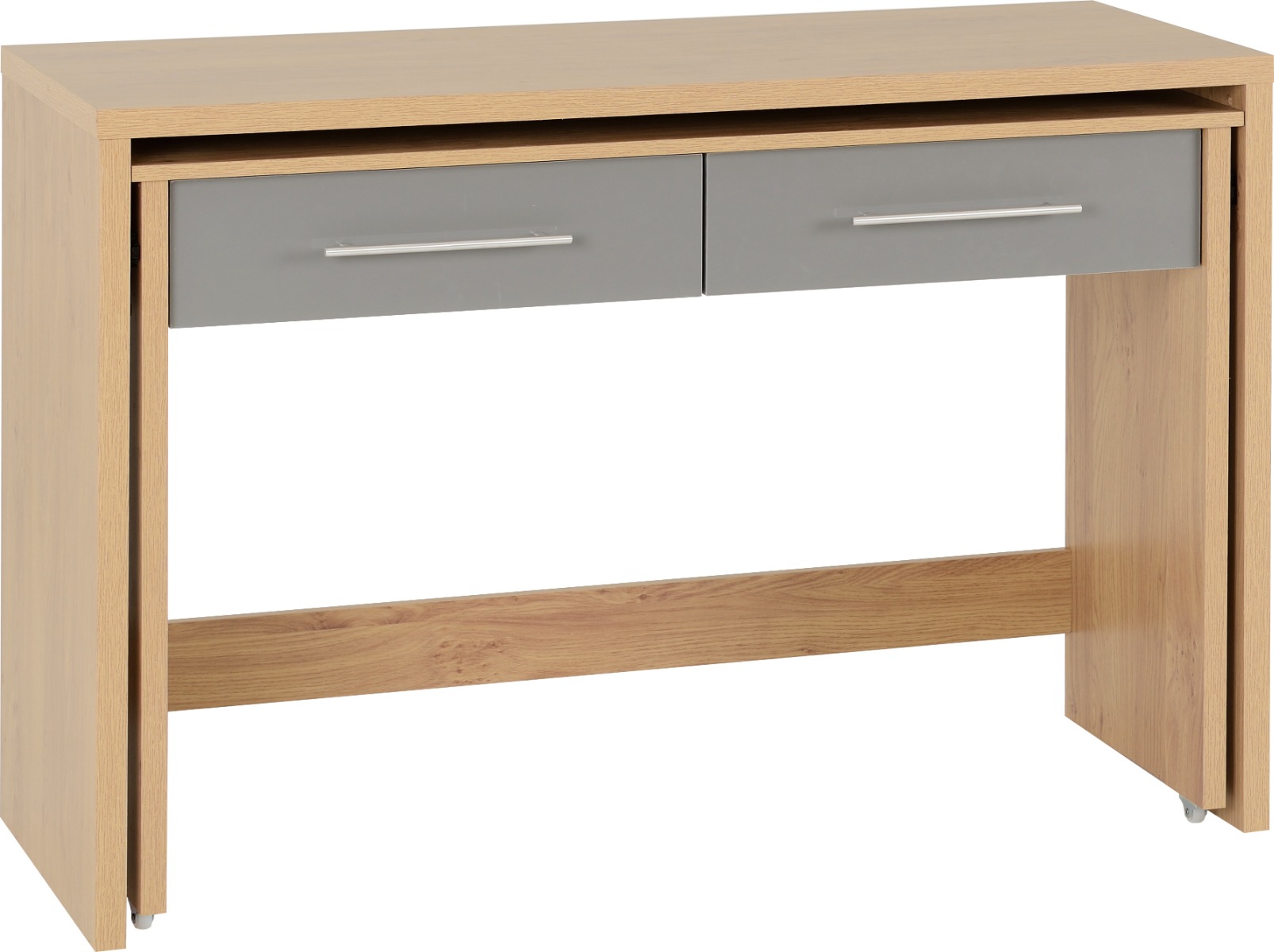 Seville 2 Drawer Slider Desk - Grey High Gloss Light Oak Effect Veneer - Budget Deals