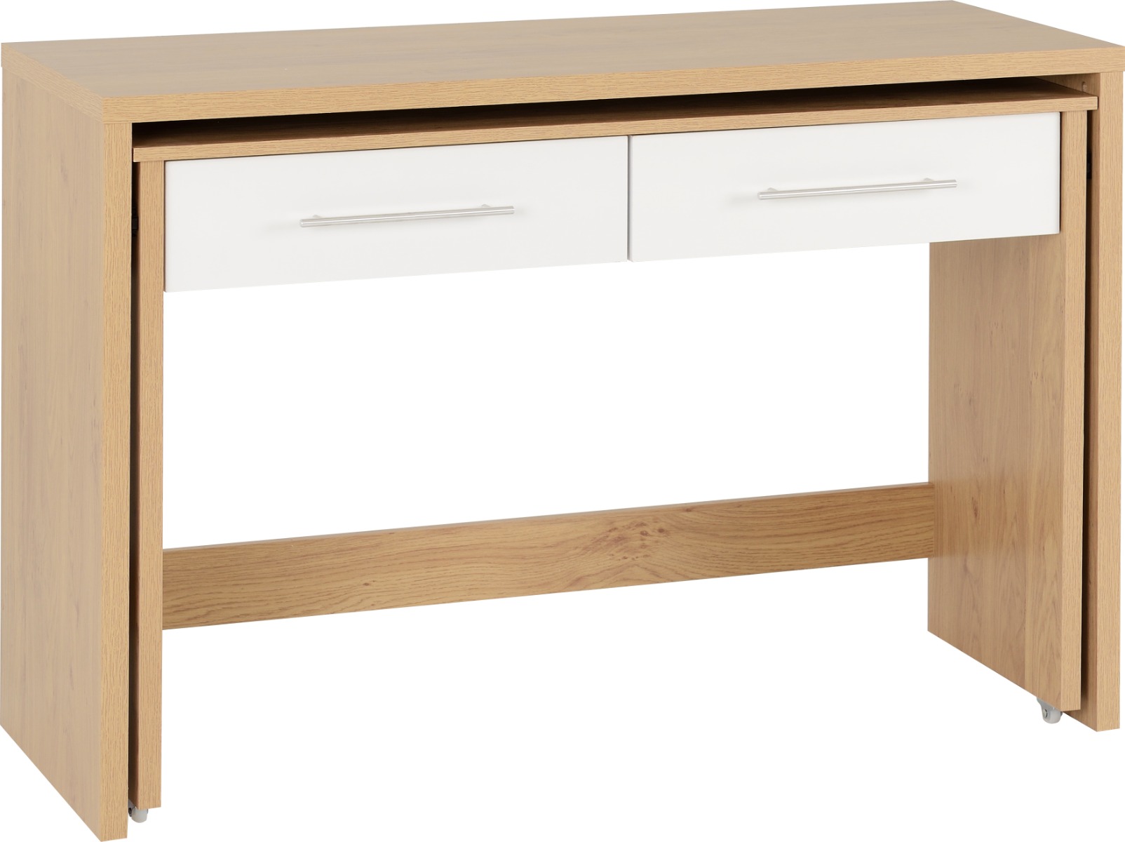 Seville 2 Drawer Slider Desk - White High Gloss Light Oak Effect Veneer - Budget Deals