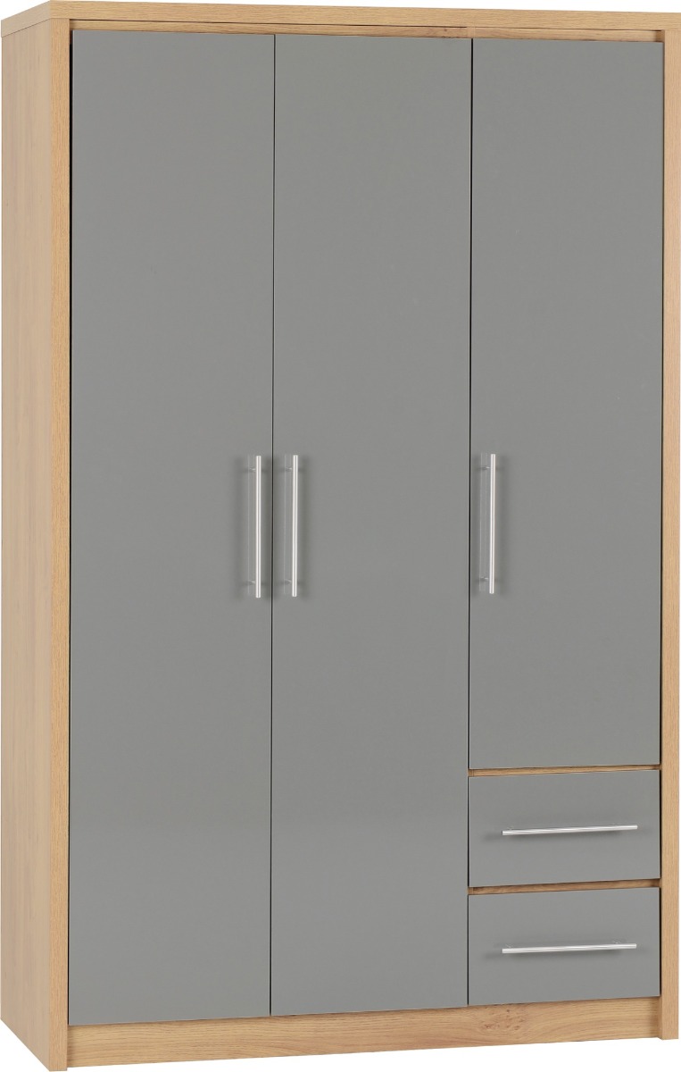 Wardrobe - SELSEY 3 Door Wardrobe Grey High Gloss with Light Oak 111cm - Budget Deals