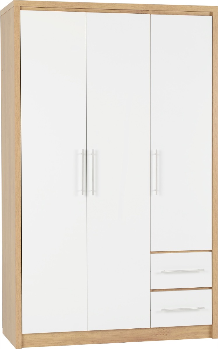 Wardrobe - SELSEY 3 Door Wardrobe White High Gloss with Light Oak 111cm - Budget Deals