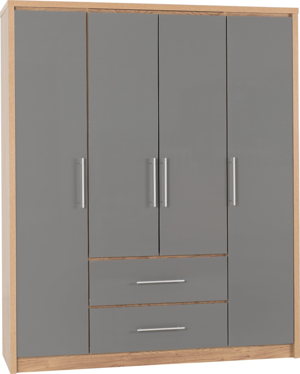 Wardrobe - SELSEY 4 Door Wardrobe Grey High Gloss with Light Oak 148.5cm - Budget Deals