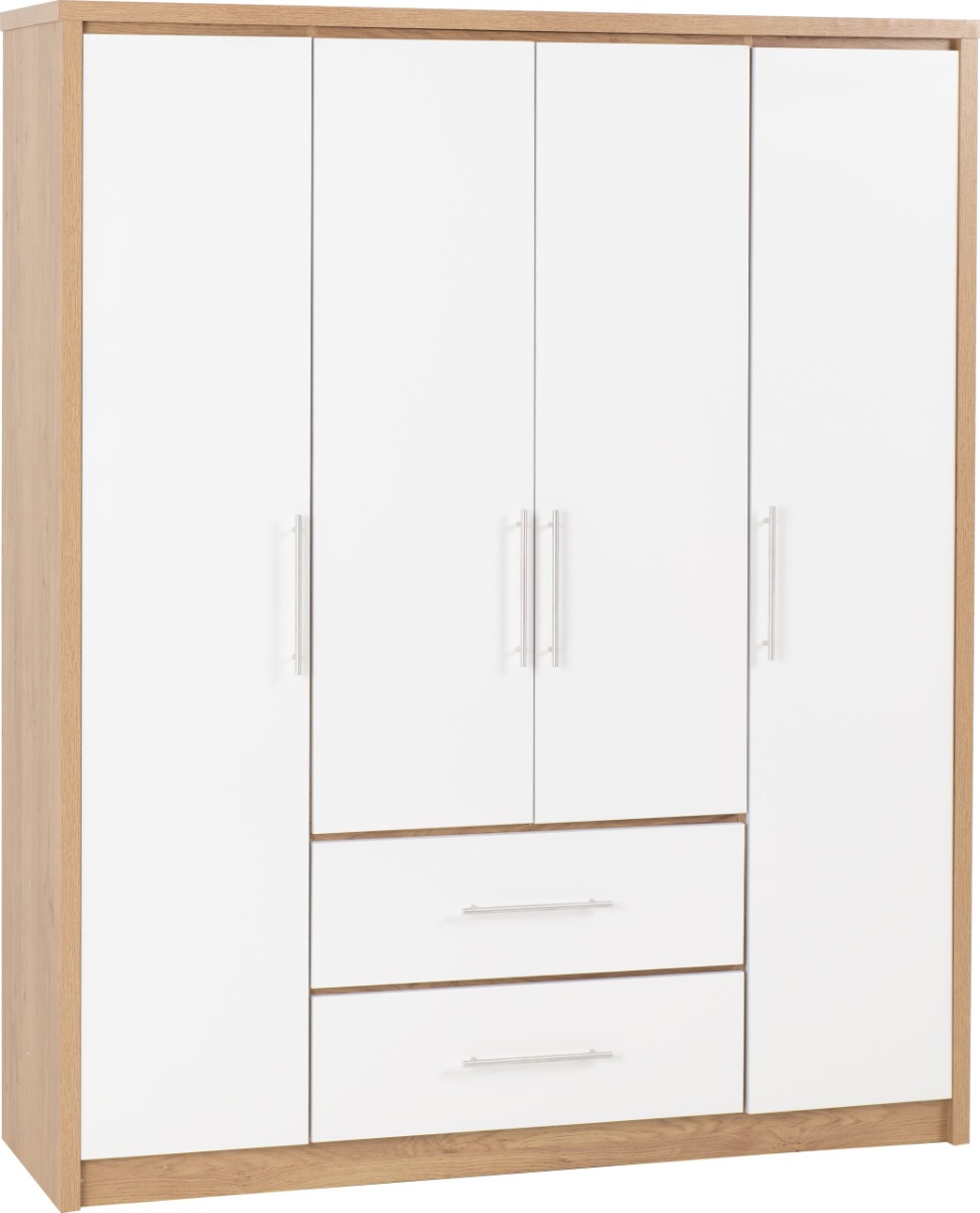 Wardrobe - SELSEY 4 Door Wardrobe White High Gloss with Light Oak 148.5cm - Budget Deals