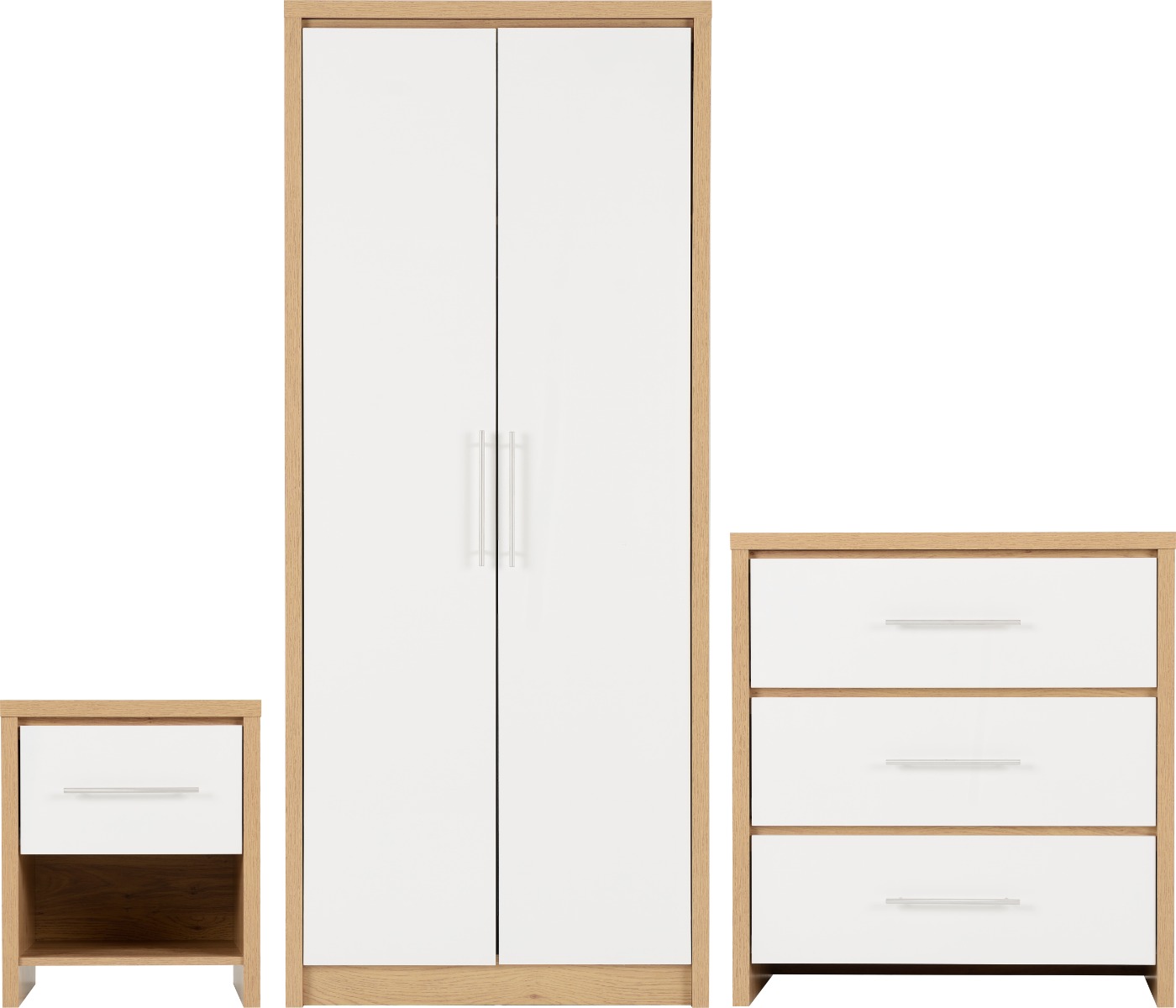 Wardrobe Set - SELSEY Bedroom Set White High Gloss Light Oak Effect Veneer 76cm - Budget Deals