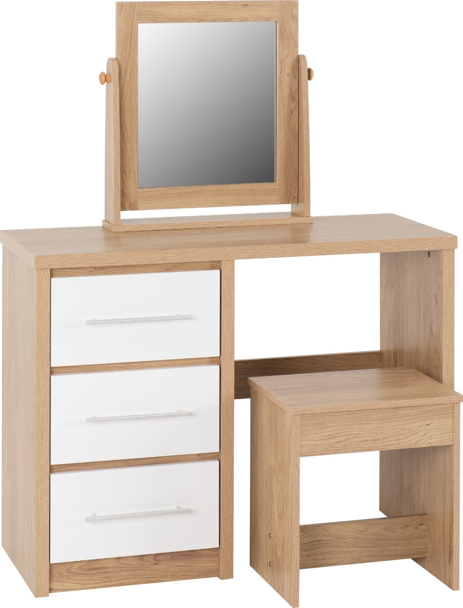 Seville 3 Drawer Dressing Table Set - White High Gloss Light Oak Effect Veneer - Budget Deals