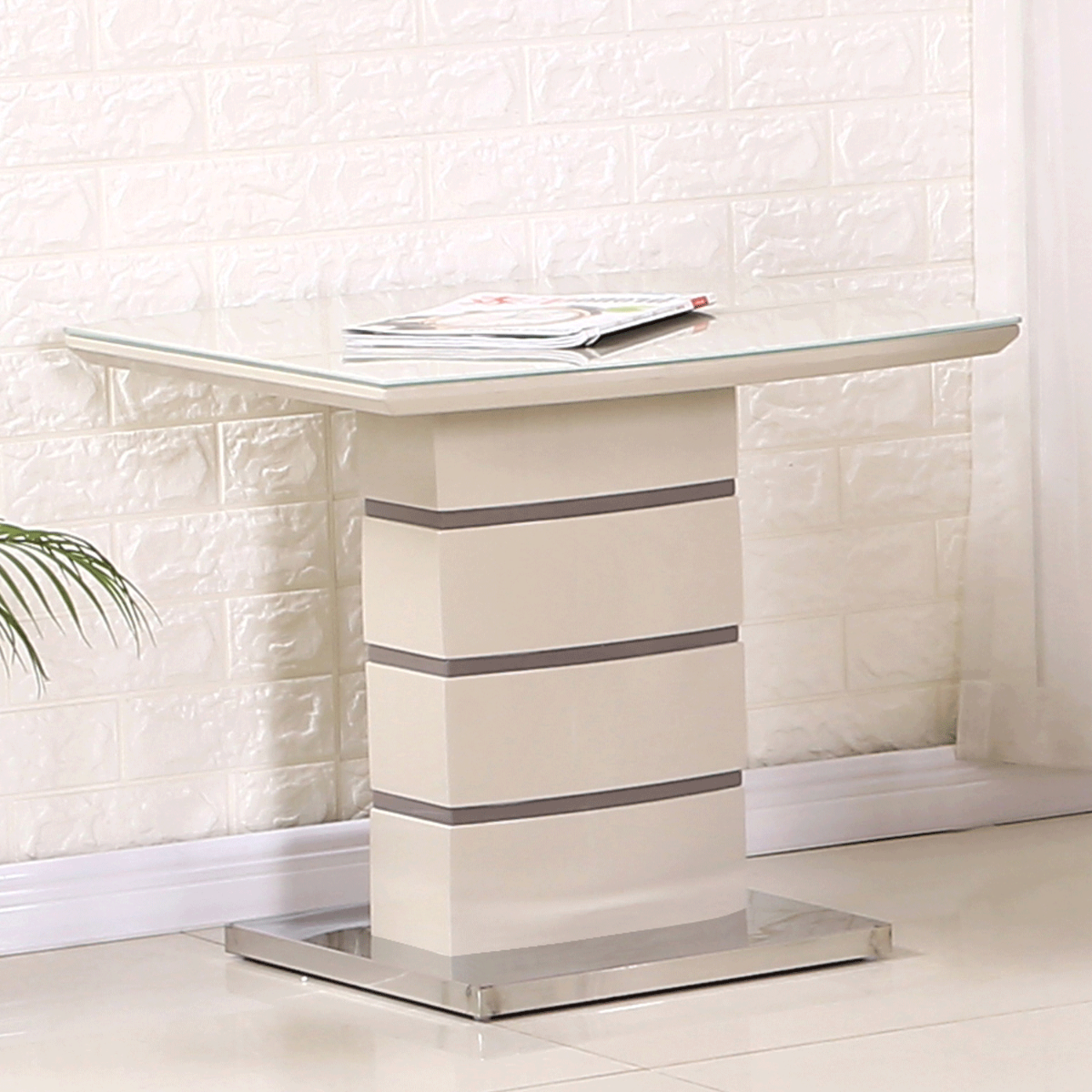 Birkenhead High Gloss Side Lamp Table with Stainless Steel Base in Glass Top Elegance in Cappuccino and Champagne - Sigrid Mills