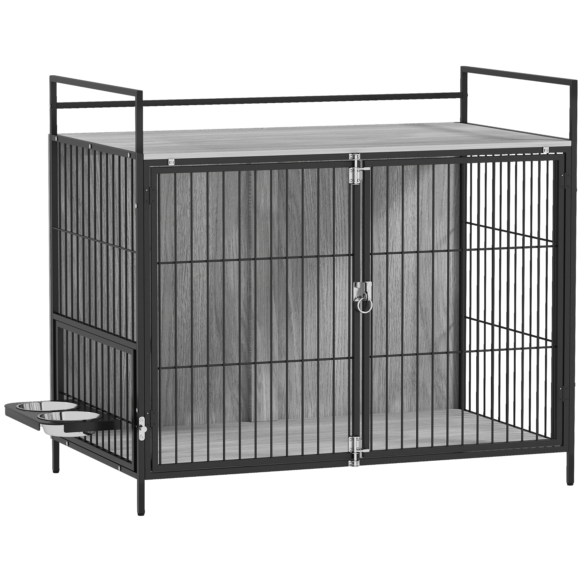 PAWSTER Large Dog Crate Furniture with Rotating Bowl Holder Grey - Life Essentials