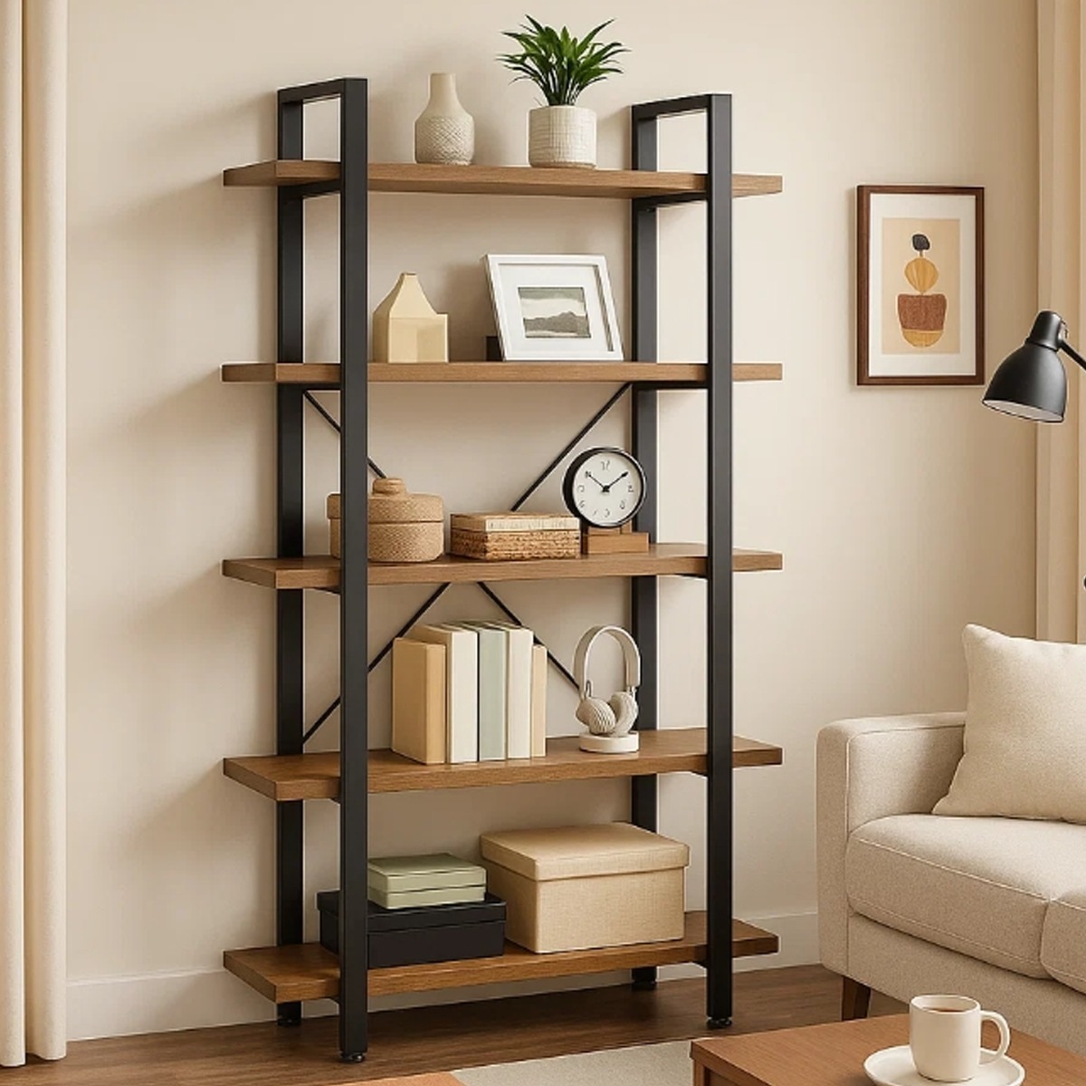 NOVIREX Ladder Shelf 5-Tier Large Bookcase Unit - Rustic Brown - The Urban Forge