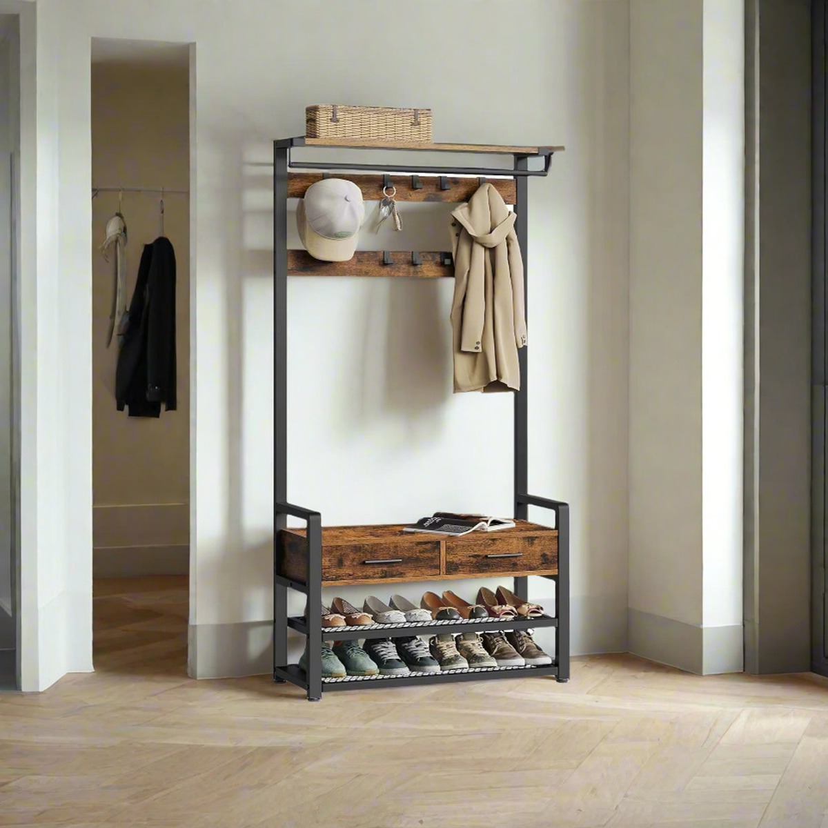 ZEPHRON Hall Tree Entryway Coat Rack with Shoe Bench and Storage Shelves - Rustic Brown - The Urban Forge