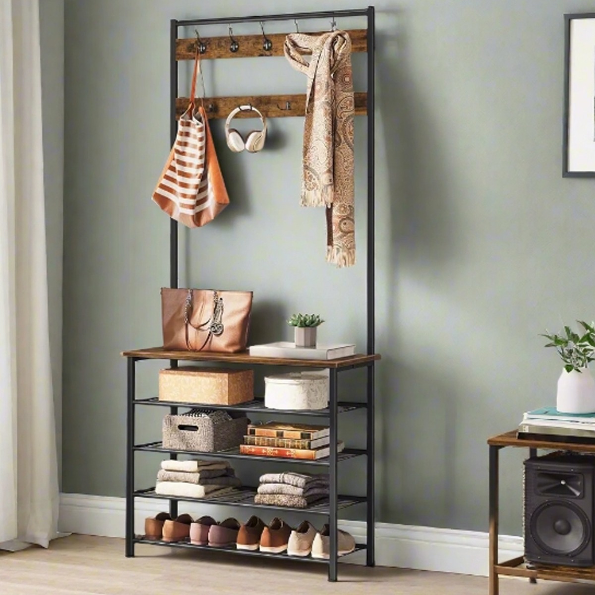 KESTRELLE Coat Stand Hall Tree with Shoe Storage and 9 Hooks - Rustic Brown and Black - The Urban Forge