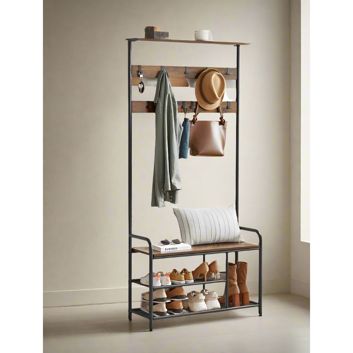 YAVONTE Coat Tree Stand with Bench and Shoe Storage 9 Hooks - Rustic Brown - The Urban Forge