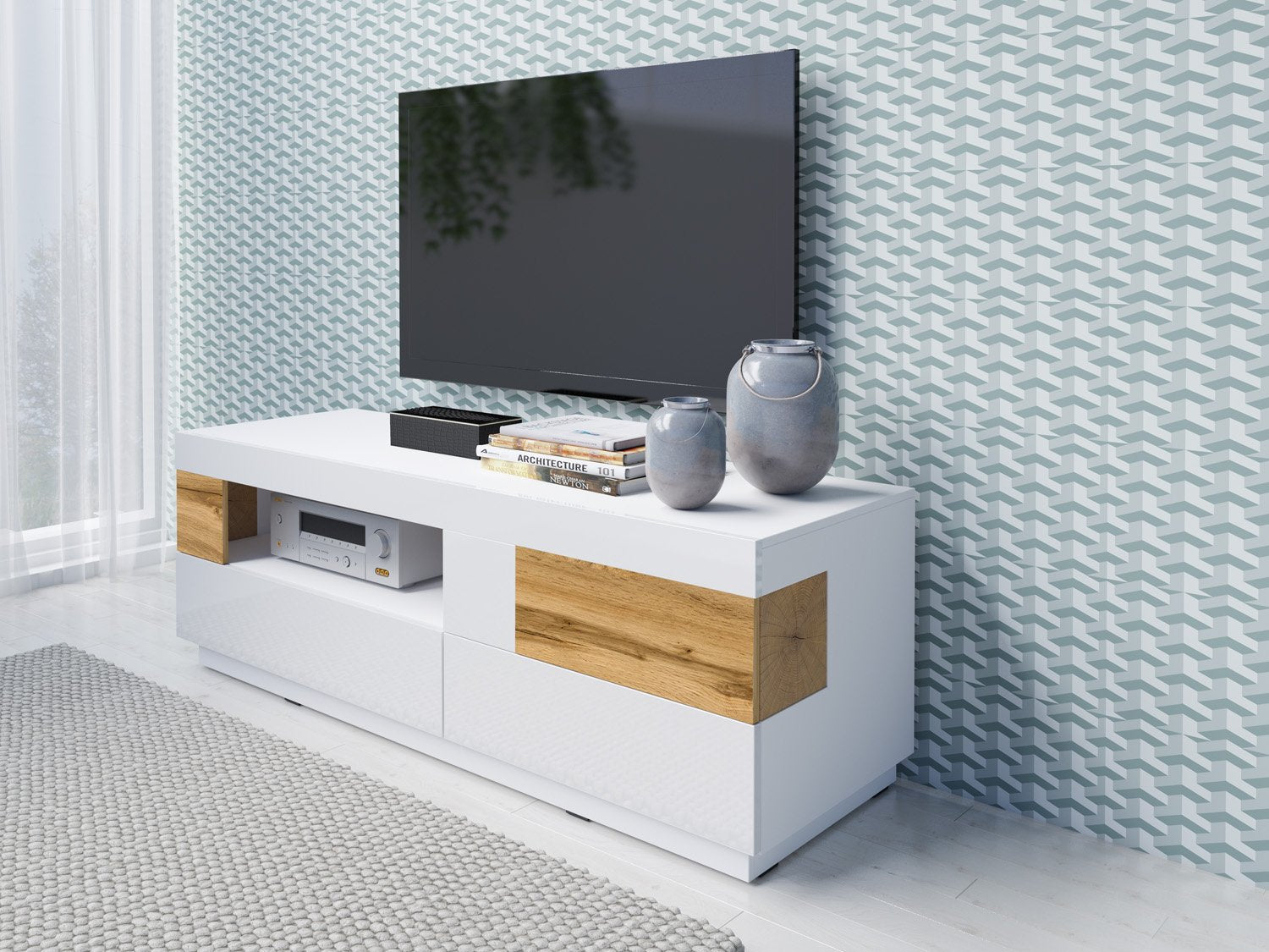 Salamandar 41 TV Cabinet Wotan Oak - White Gloss - Art Nest