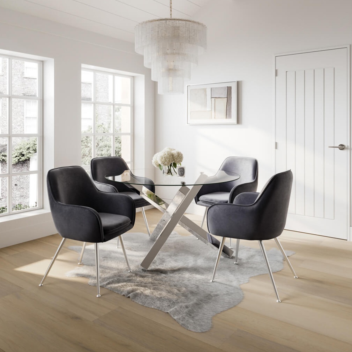 CAPRIO Round Dining Table with Glass Top - Silver - Leeds Plywood
