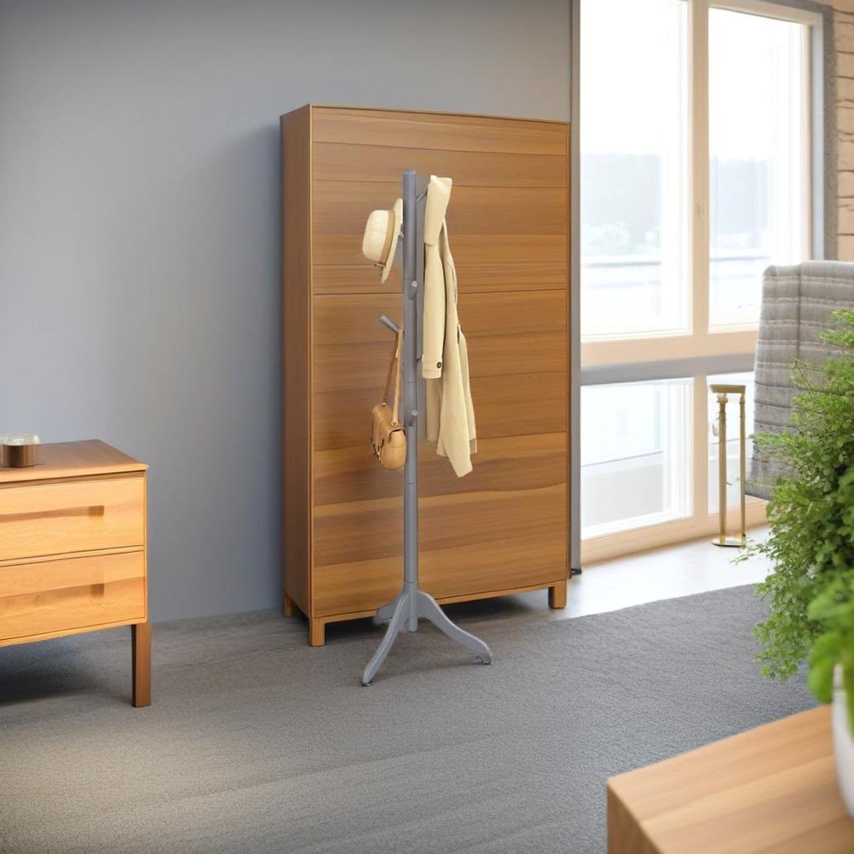 XYLVIAN Coat Stand Wooden Rack with 3 Height Options and 8 Hanging Hooks - Natural - The Urban Forge