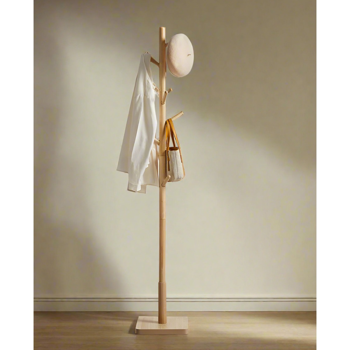 YAVONTE Coat Rack Freestanding Wooden Stand with 8 Hooks for Hallway - Natural - The Urban Forge