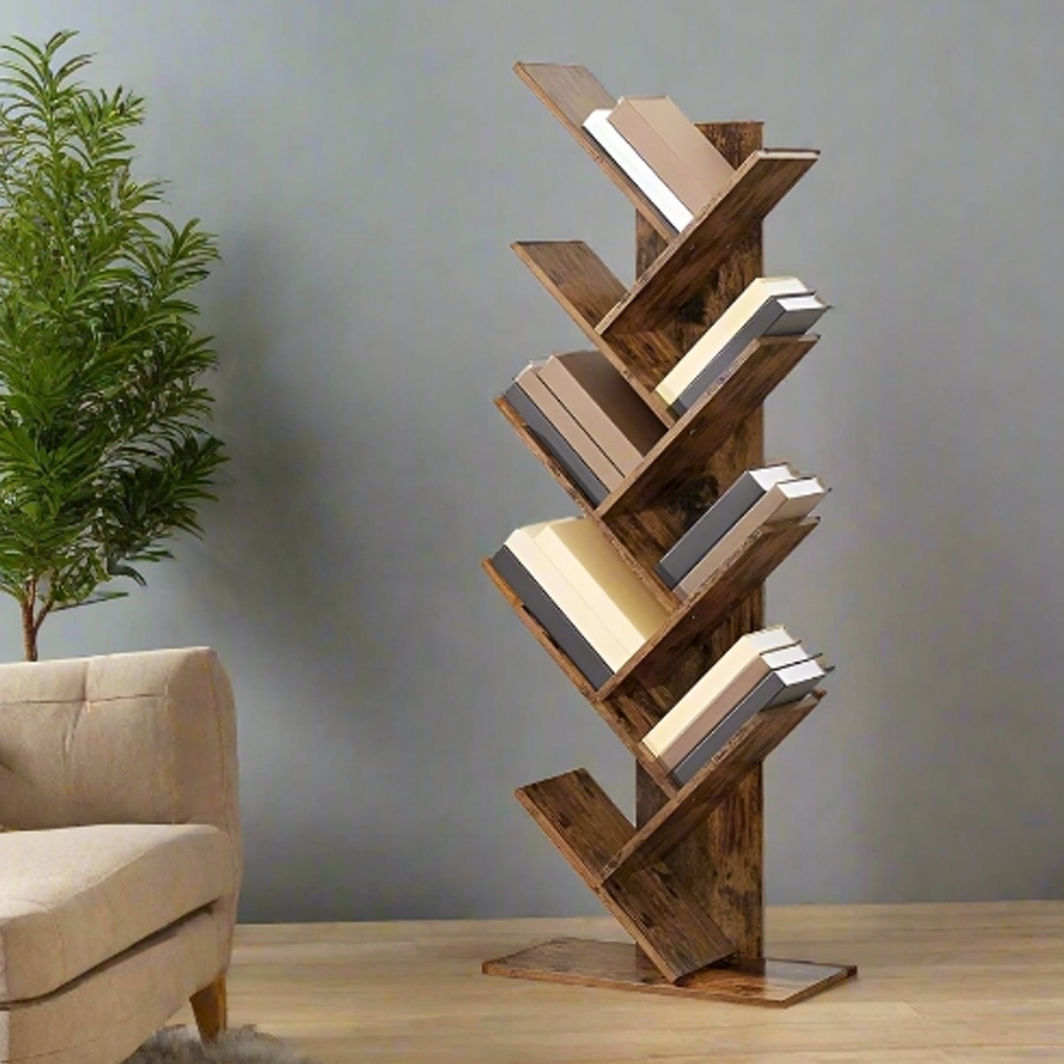 MORVINA Bookshelf 8-Tier Tree Style Free-Standing Shelf - Rustic Brown - The Urban Forge