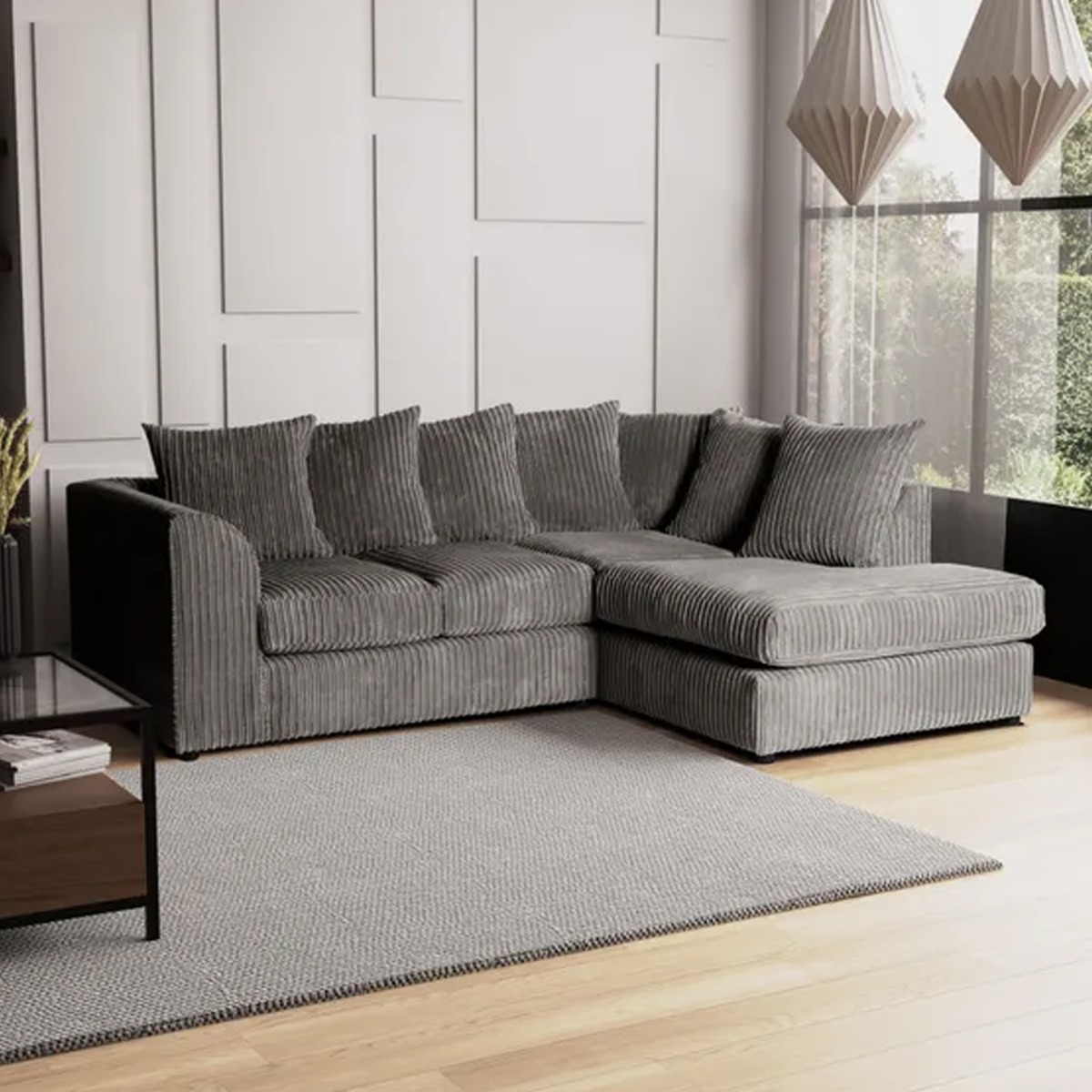 Blake Jumbo Cord Grey Corner Sofa - Right and Left Arm - Home Done