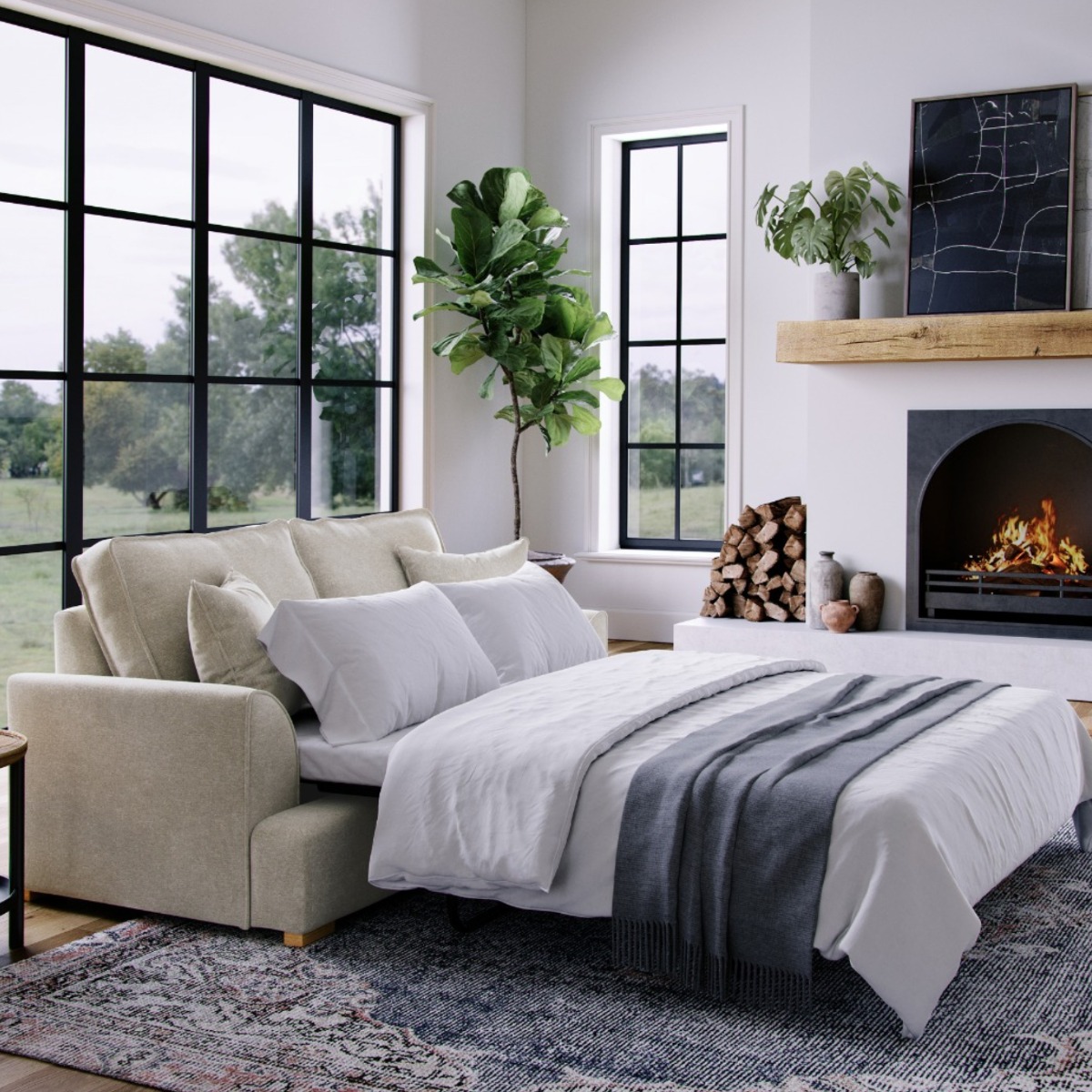 2 Seater Sofa Bed - HERITAGE Fabric - Light Beige - Edgbaston Living