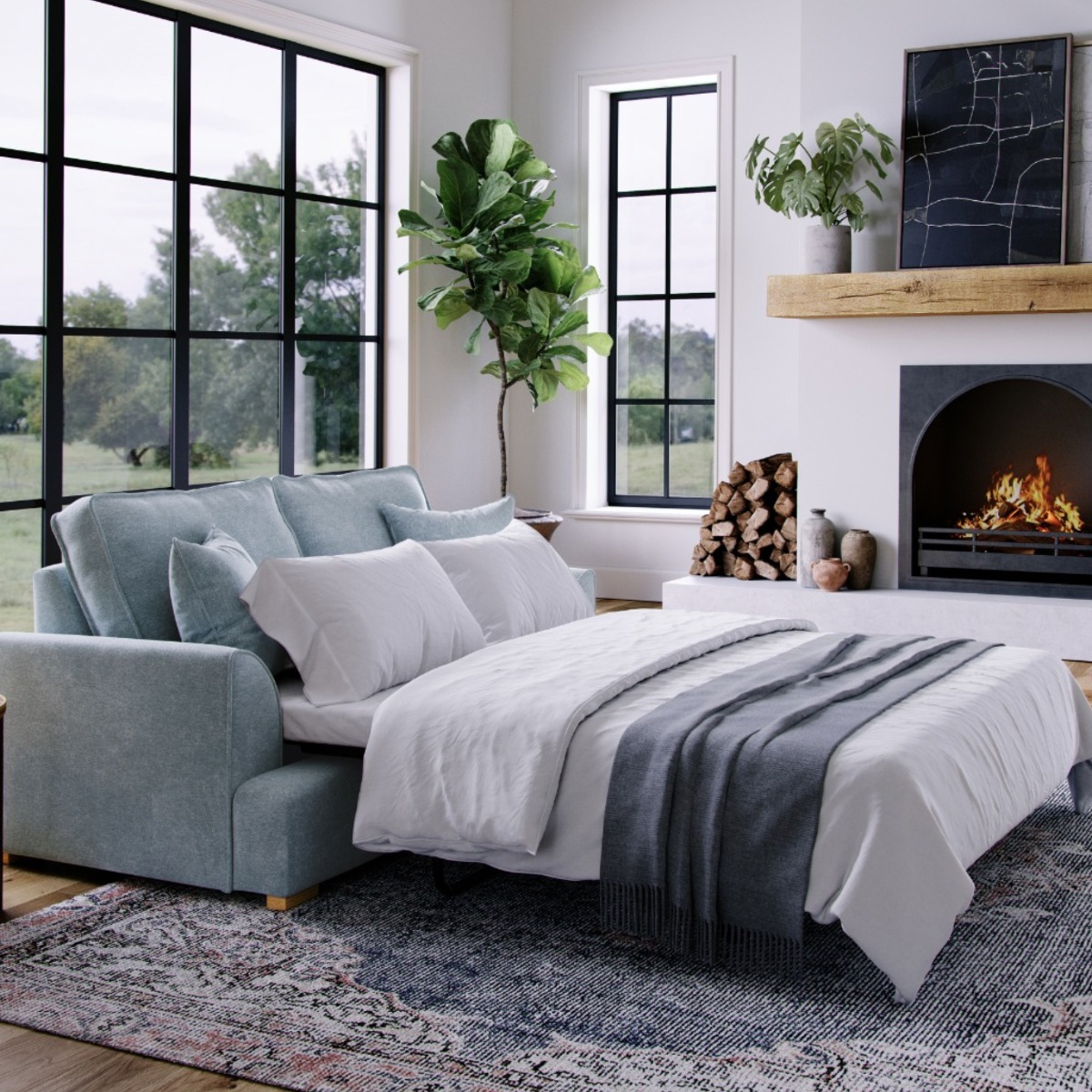 2 Seater Sofa Bed - HERITAGE Fabric - Light Blue - Edgbaston Living