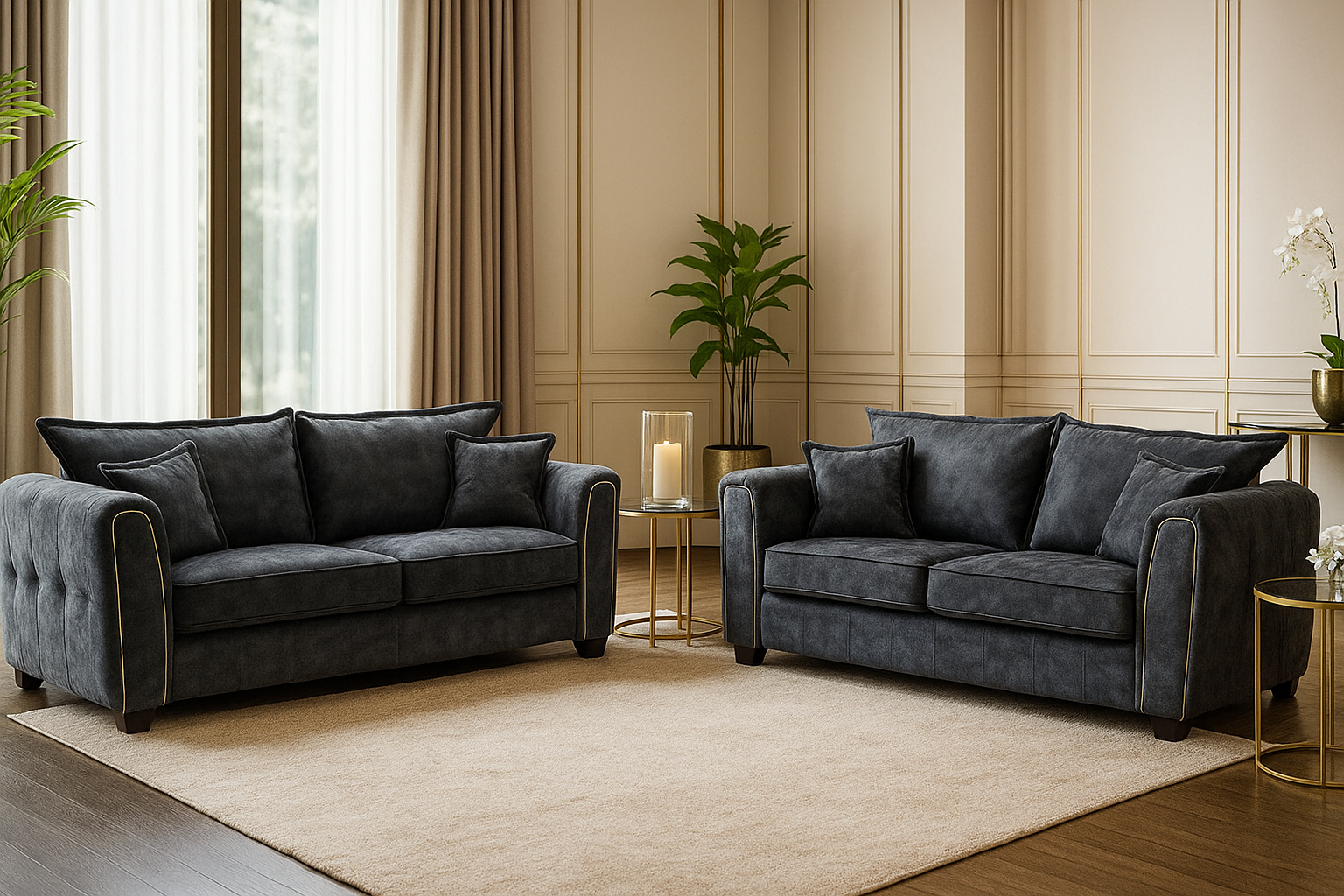 SOLARAE Fabric 3 and 2 Seater Sofa Set - Black - Sofa So Good