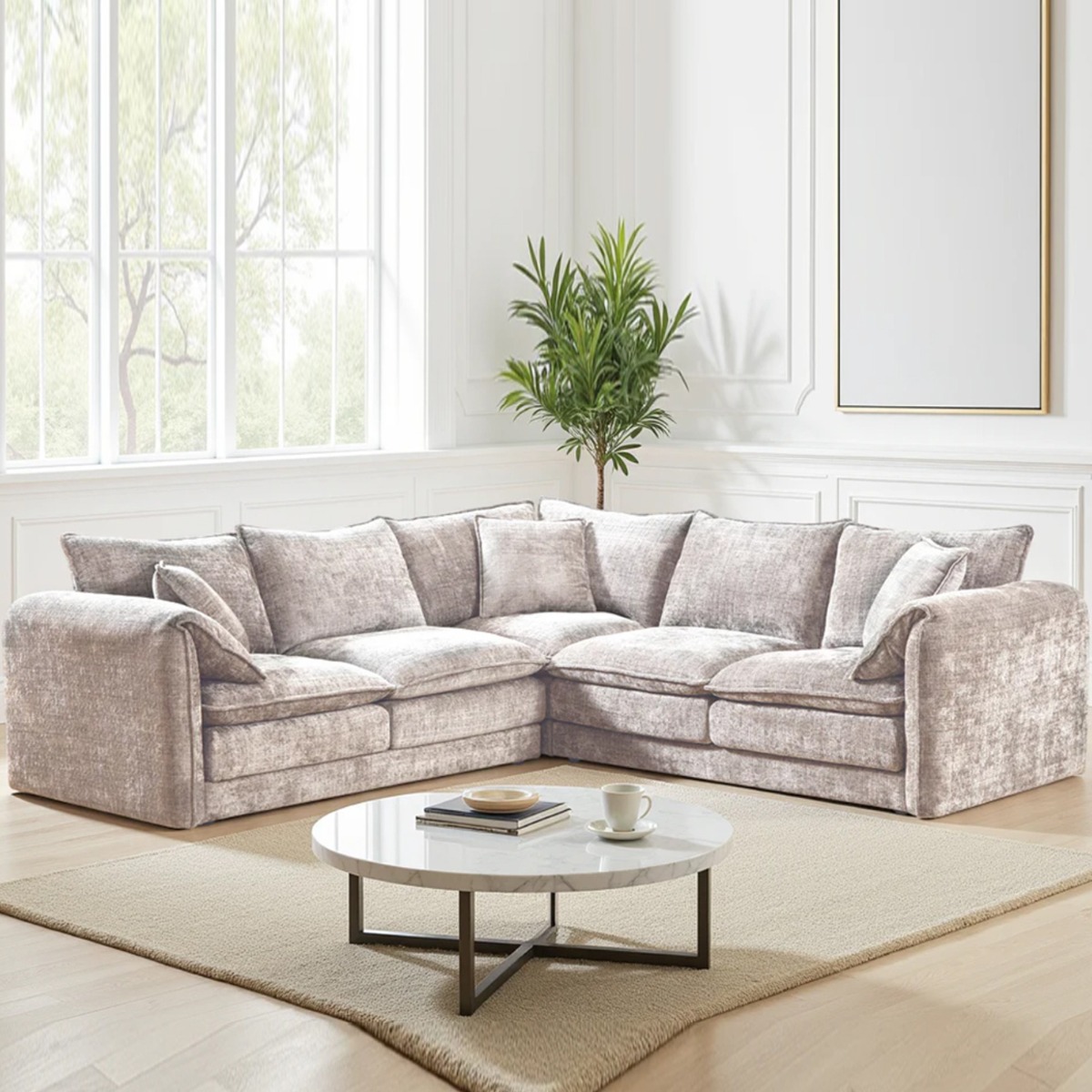 RIVINGTON Chenille Fabric Large 5 Seater L Shaped Corner Sofa - Beige