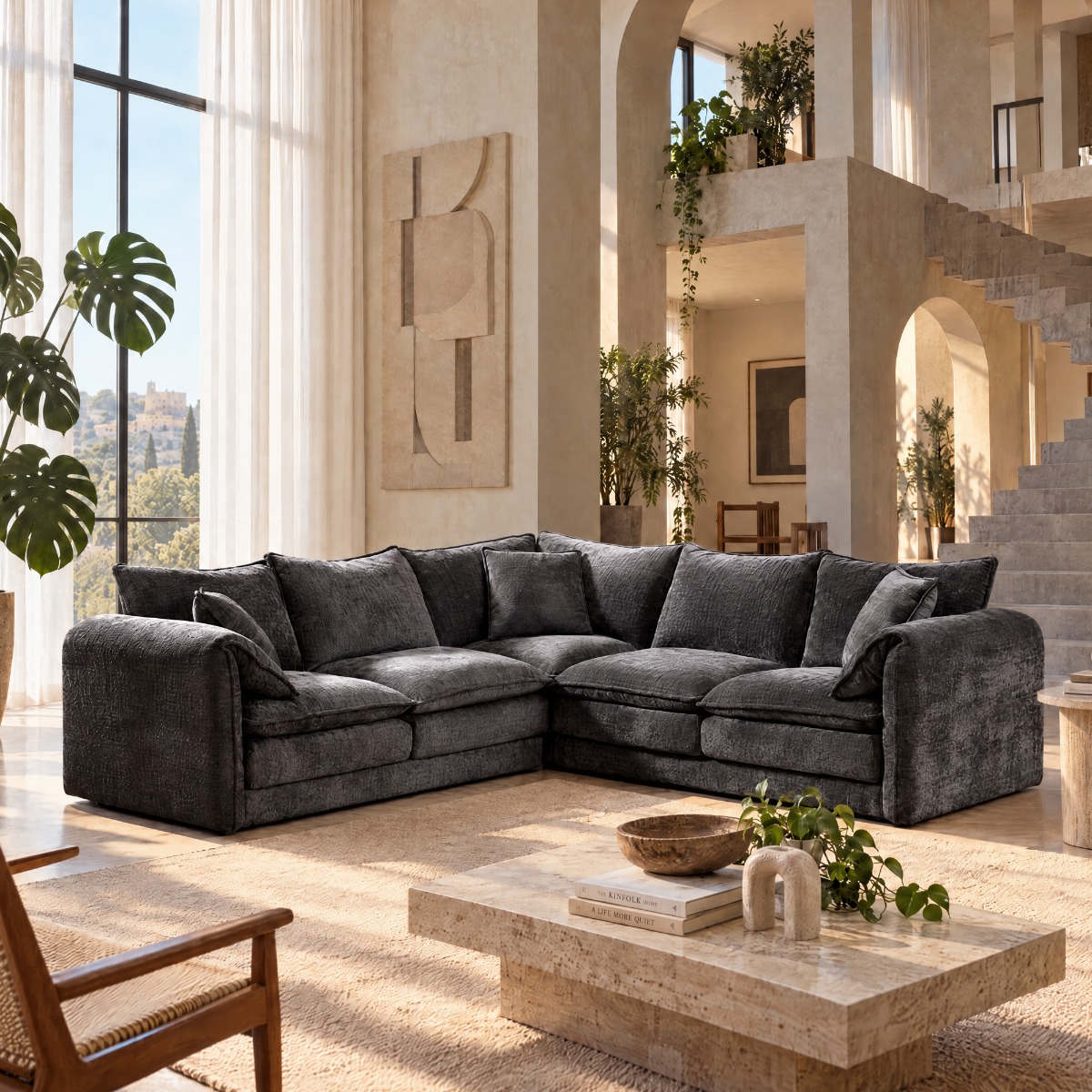 RIVINGTON Chenille Fabric Large 5 Seater L Shaped Corner Sofa - Black