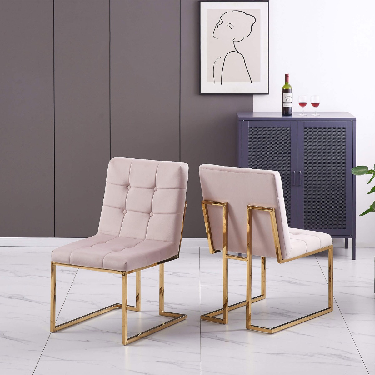 Comet Carter Set of 2 Velvet Fabric Dining Chairs - Beige and Gold - Sigrid Mills