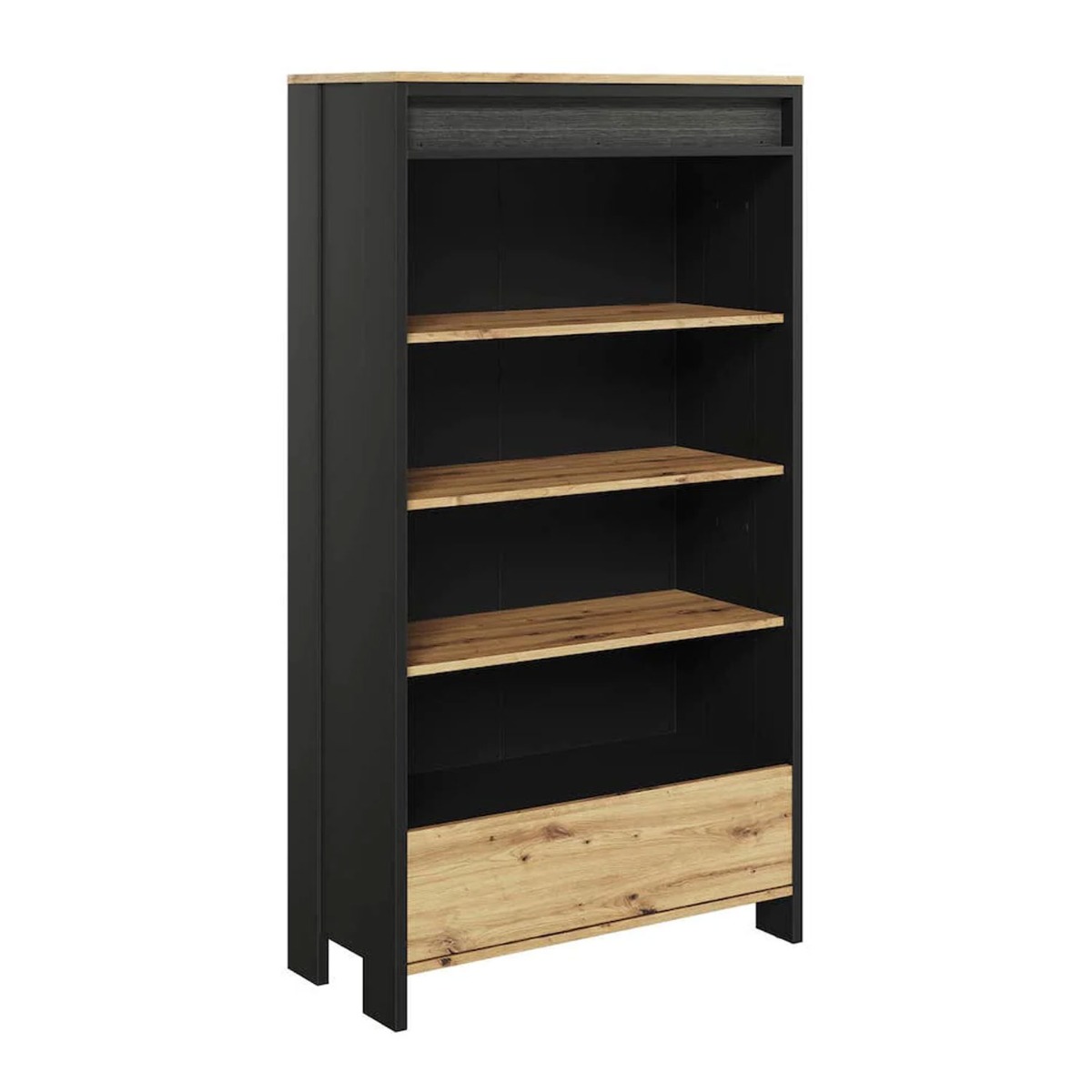 Naxon Wing Bookcase with Drawer - Oak and Black - Art Nest