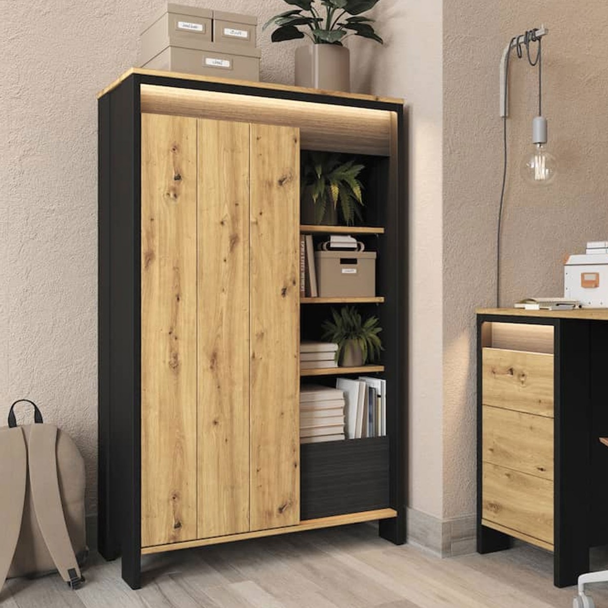 Naxon Wing Tall Cabinet with Door - Oak and Black - Art Nest