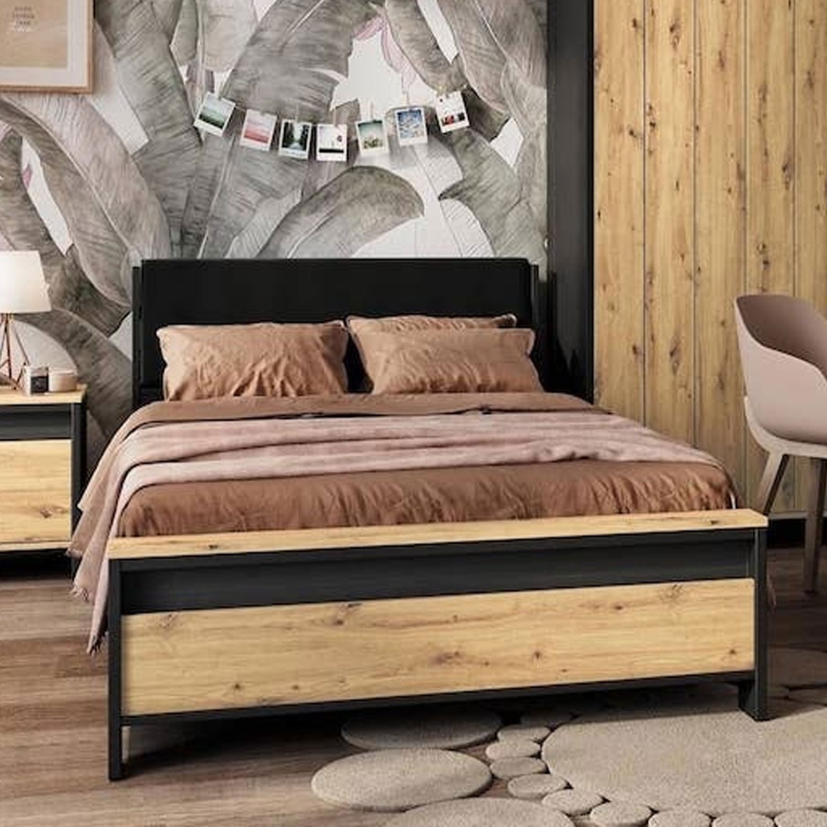 Naxon Wing Small Double Size Bed Frame - Oak and Black - Art Nest
